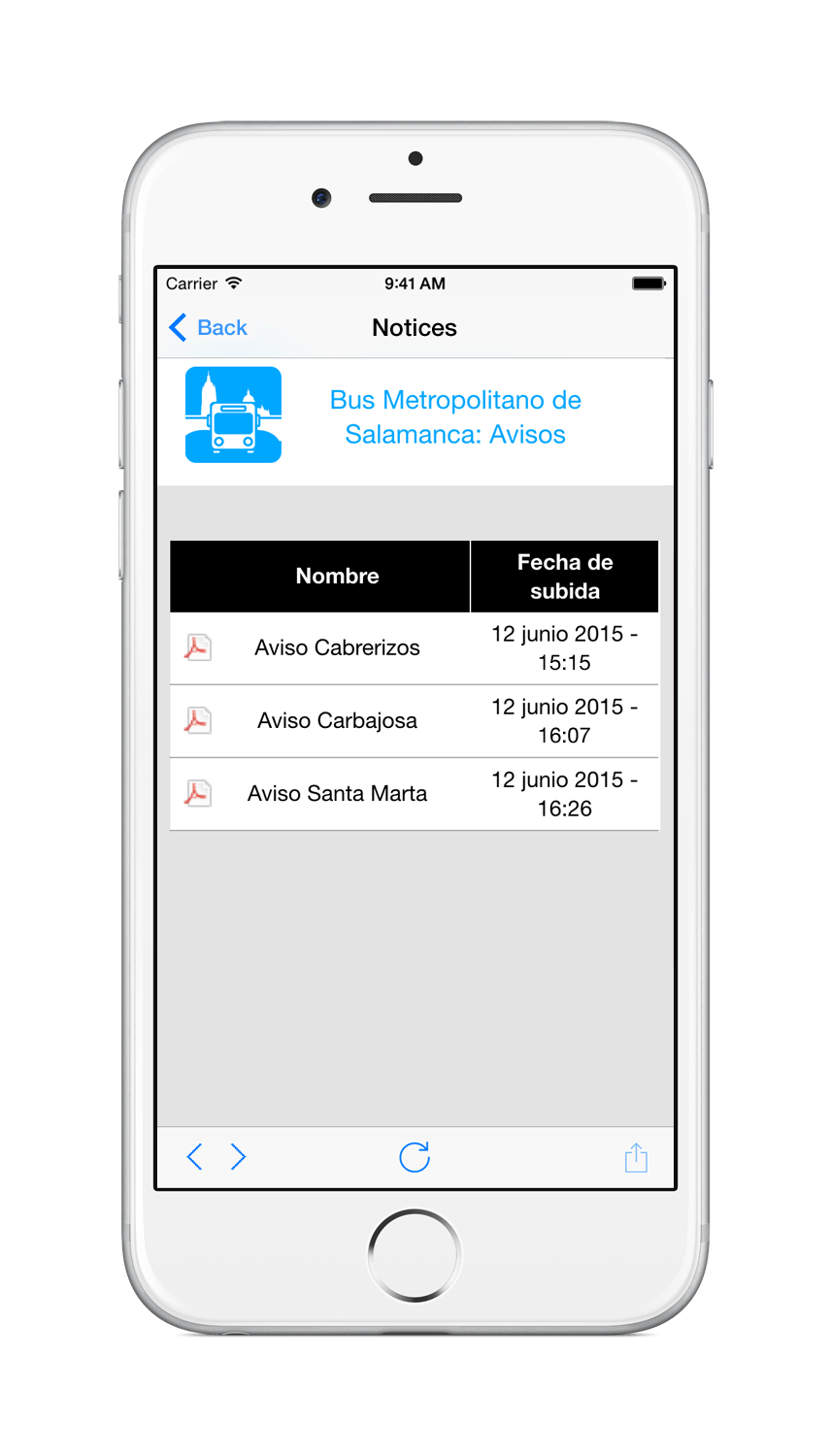 iPhone 6 showing the notices view of the app