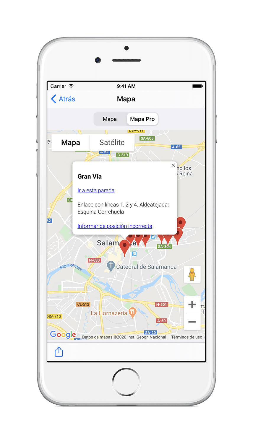 iPhone 6 mostrando la vista de mapa de la aplicacion