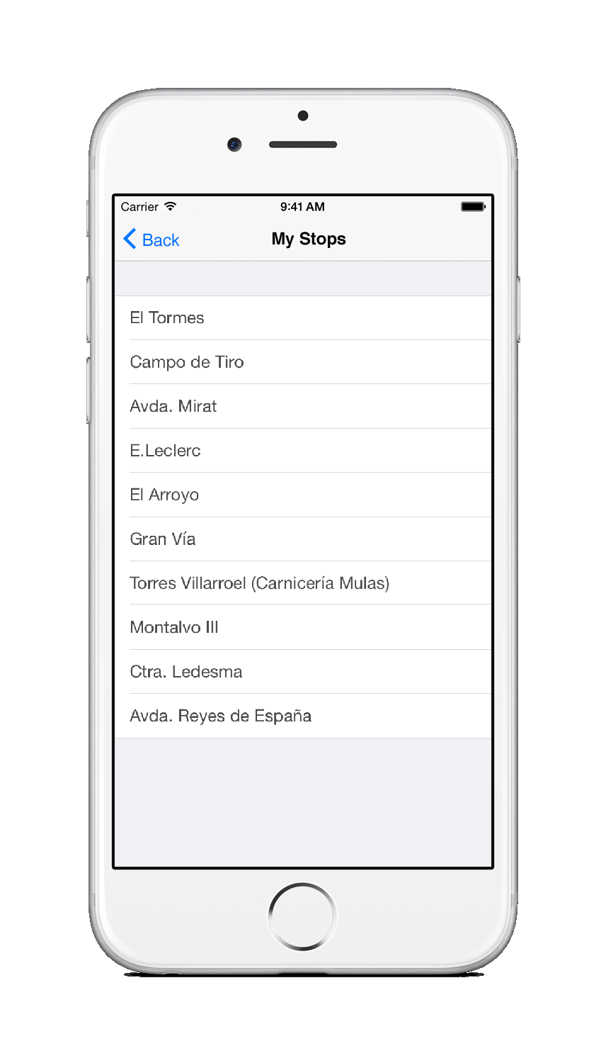 iPhone 6 showing the My Stops view of the app